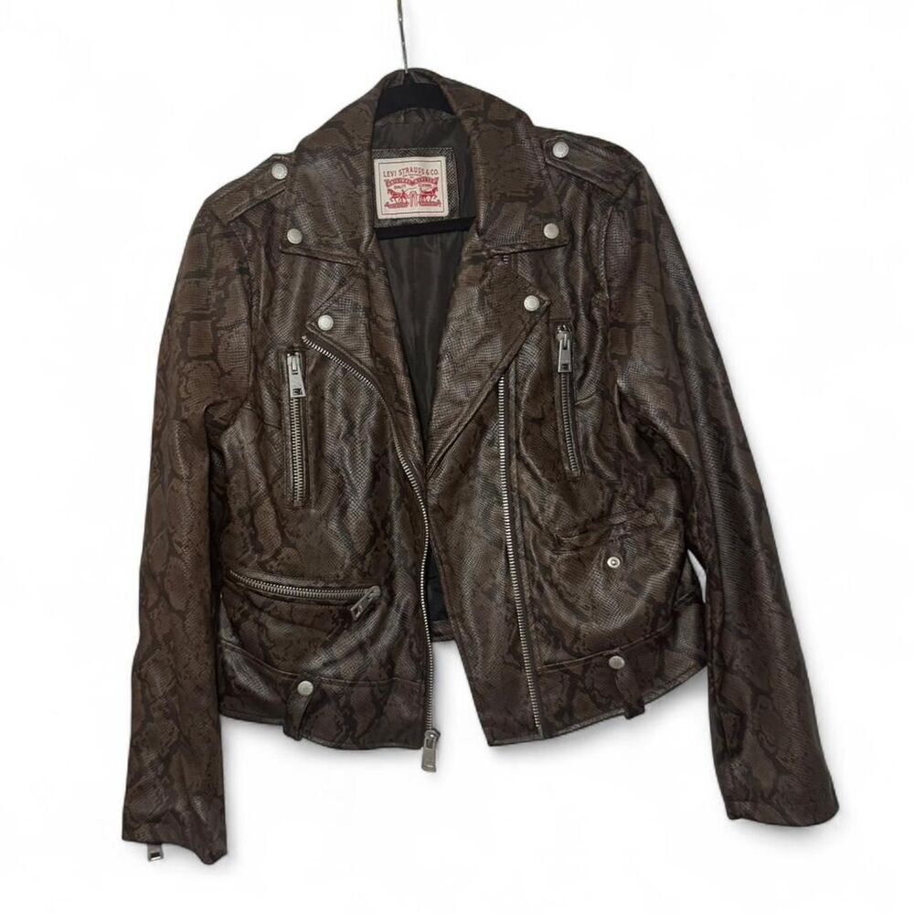 Levi’s Faux Leather Snake Print Moto Jacket Women’s L Brown Cropped Biker Zip - Picture 2 of 7
